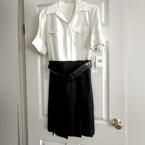 Lovely Calvin Klein cream & black linen dress w/pleated bottom size 10P